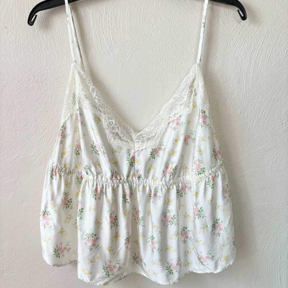 Aerie White Floral Lace Trim Spaghetti Strap Top